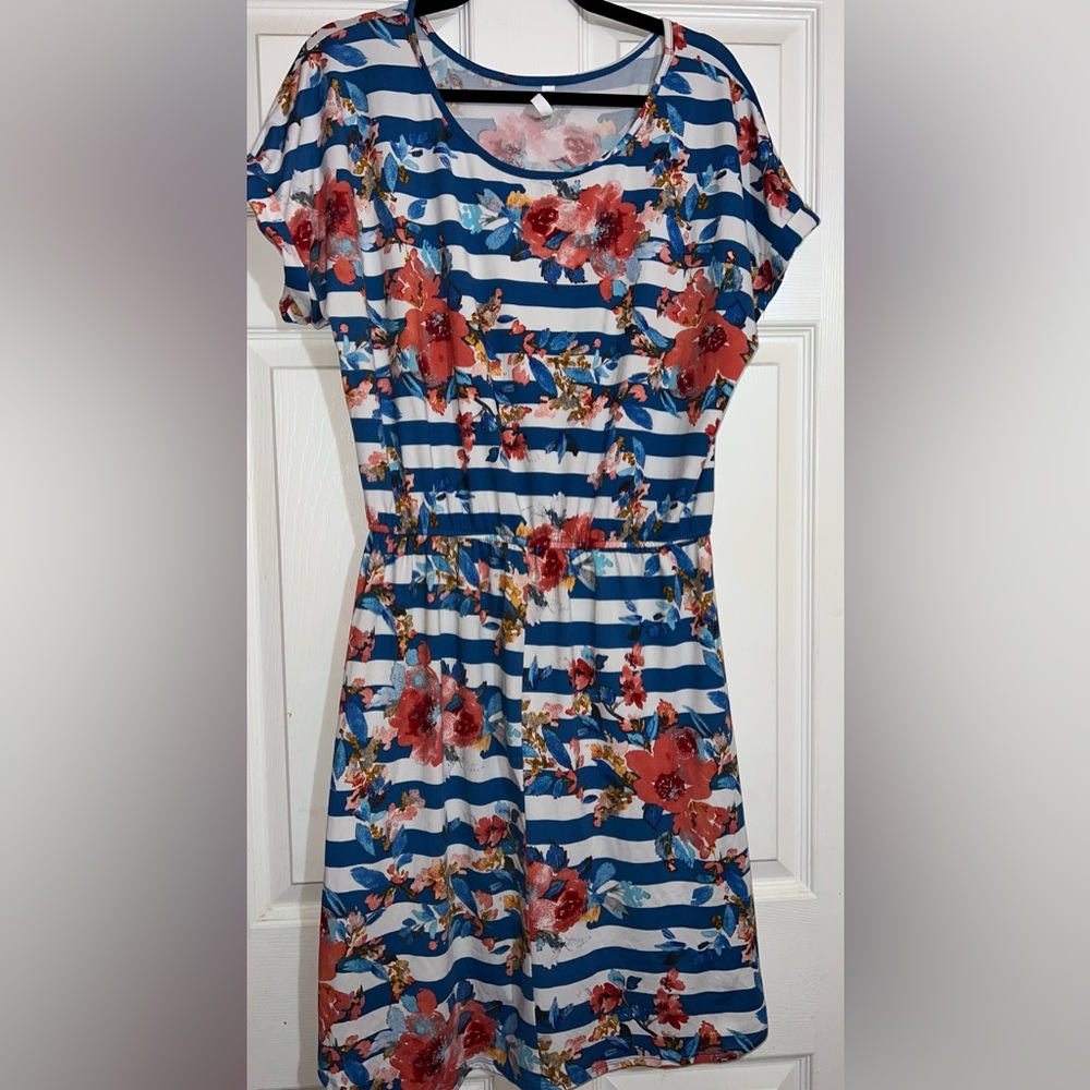 Piphany Striped Floral Cinch waist Dress Size Large GUC